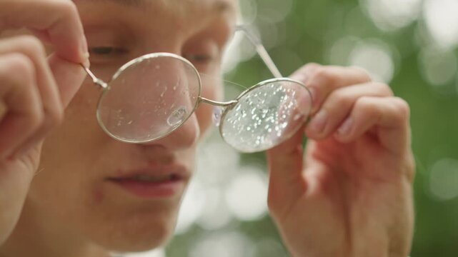 wet round glasses closeup caucasian student frowning while wiping delicate metal frames with raindrops, green bokeh background, squinting expression, gentle sunlight filtering through leaves, vintage