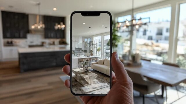Augmented reality showcases a live virtual preview of a modern residential interior design highlighting furniture placement and color options in a medium shot.