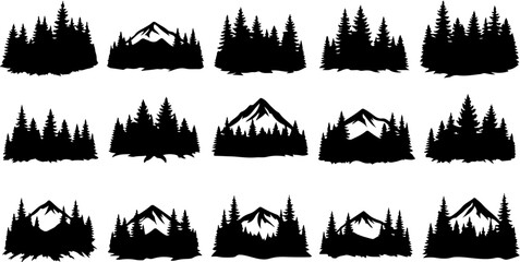Fototapeta premium Mountain Forest Silhouette Landscape Set – Pine Trees and Peaks Vector