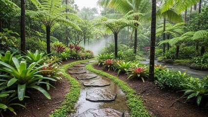 Stone stepping stones crossing a shallow stream in a misty tropical rainforest Keywords: tropical, rainforest