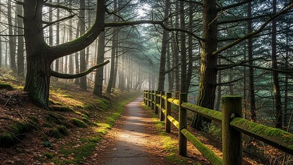 Sunlit Forest Path Lined with Mossy Wooden Fence and Autumn Leaves Keywords: forest, path, trail, walkway, woods