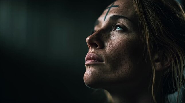 Ash cross drawn on a forehead in soft natural light against a minimal dark background. Cinematic depth of field and quiet prayerful mood, with ample negative space for text overlay.
