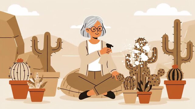 Elderly Woman Among Desert Cacti Placing Cactus in Pots with Relaxed Vibe