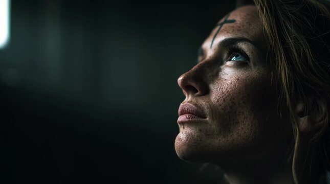 Ash cross drawn on a forehead in soft natural light against a minimal dark background. Cinematic depth of field and quiet prayerful mood, with ample negative space for text overlay.
