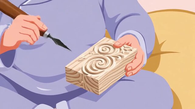 Elderly Woman Crafting Woodblock Decorations Using a Chisel and a Hammer