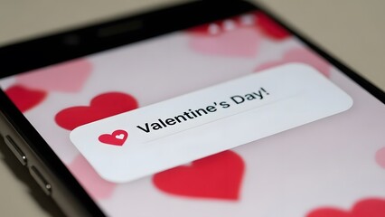Valentine's Day message displayed on a smartphone screen, with hearts in the background, a concept of love and affection.