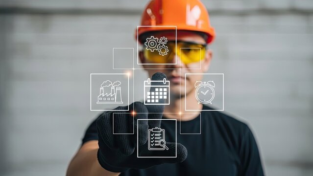 Industrial worker interacting with digital interface icons