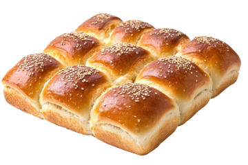 Golden brown sweet bread rolls with sesame seeds isolated on transparent background. Sesame bun bread isolated on white background.