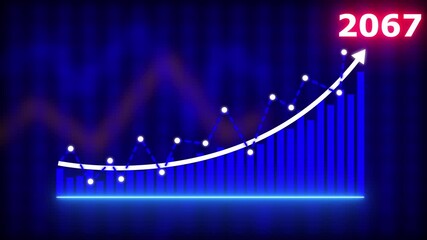 Glowing blue bar chart with dotted line graph and upward trending arrow against a dark blue blurred background with red line overlay indicating financial growth and positive trend analysis - Powered by Adobe