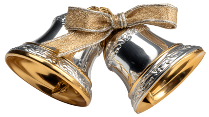 Elegant pair of golden Christmas bells isolated on white background featuring glamour style and high fashion elegance for festive winter footwear clothing