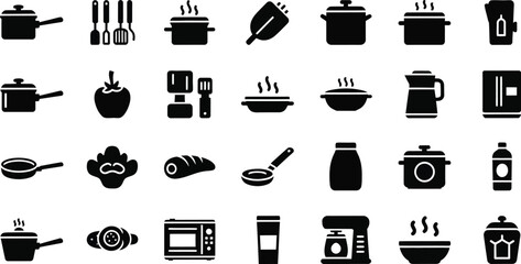 Silhouette icons of kitchen utensils and appliances on white background