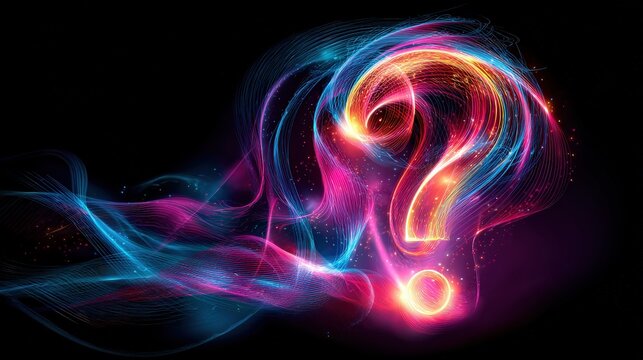 A vibrant, abstract design featuring a colorful question mark surrounded by flowing light trails against a dark background.