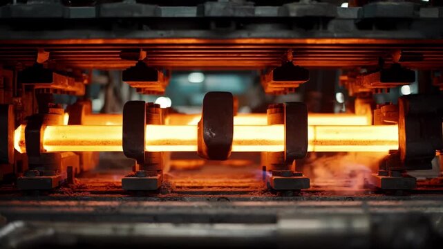 Industrial facility medium shot focusing on heat treatment workflow showcasing coordination between oven heating and quenching processes to optimize metal strength.