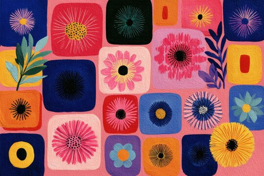 Abstract floral patterns filling colorful rounded squares, vibrant hand painted botanical elements, textured acrylic brushwork, pink background, whimsical garden