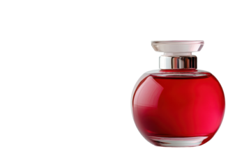 Elegant red perfume bottle isolated on transparent background. Small cosmetic bottle isolated on white background.
