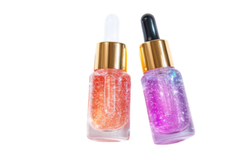 Elegant red perfume bottle isolated on transparent background. Small cosmetic bottle isolated on white background.