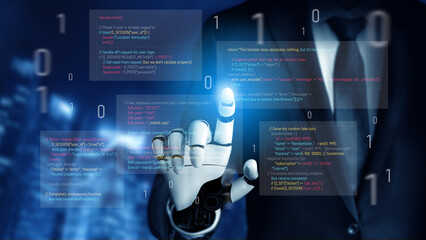 AI auditing faulty programming code, detecting anomalies, insecure logic, and suggesting corrections in a humorous and flawed code example. Vouch