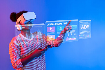 A young woman explores digital marketing concepts in a virtual environment, wearing a VR headset and interacting with vibrant graphics in a dynamic social media landscape. XDMCP