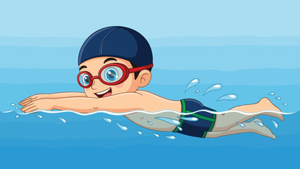 Cute cartoon boy swimming in pool wearing goggles and cap, young male athlete character practicing underwater, aquatic sports for children.