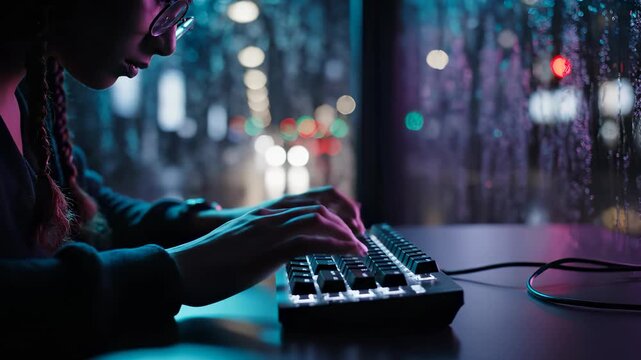 Typing on illuminated keyboard beside window. Hand move across key in steady rhythm. Coder and programmer work late under neon glow and rain. Hacker silhouette against city light and wet glass