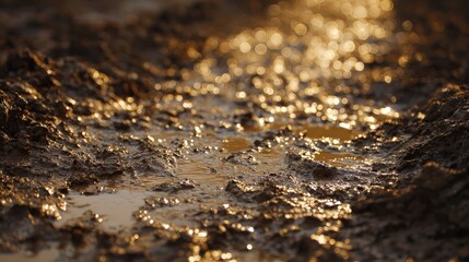A close-up shot of muddy terrain reflecting golden light, creating a textured and shimmering surface.