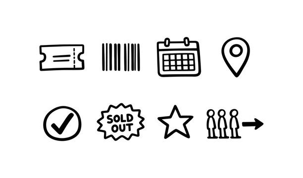 Collection of hand-drawn icons representing event planning and sales concepts