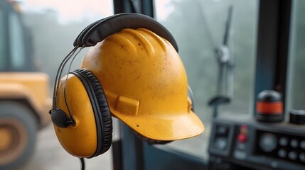 Yellow hard hat with earmuffs inside a construction vehicle emphasizing safety and occupational gear