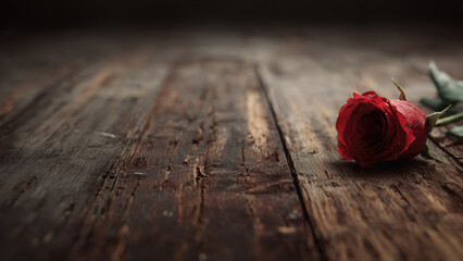Fototapeta premium Red Rose on Wooden Surface