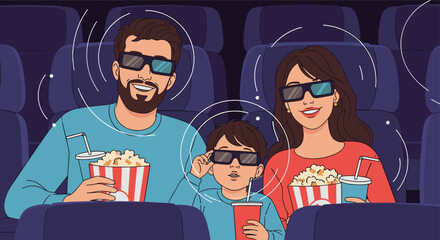 Happy family of father mother and young son watching a movie in a cinema wearing 3D glasses with popcorn and drinks.