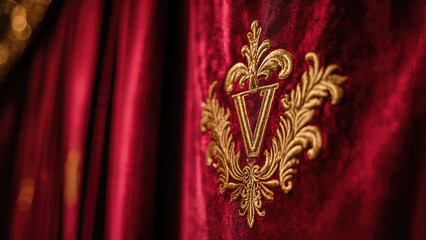 Red Velvet Curtain with Letter V Embroidery