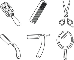 White filled neat icons of neat brush comb scissors razor mirror beauty