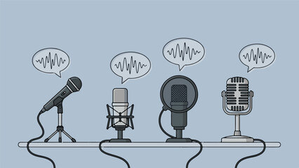 Collection of Microphones with Sound Waves for Podcast and Broadcasting