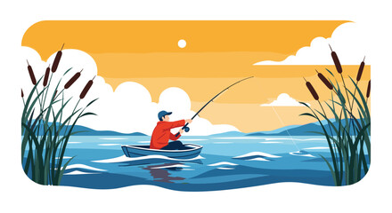 Man in a red jacket fishes peacefully from a small rowing boat on a calm lake surrounded by reeds during a beautiful golden sunset.