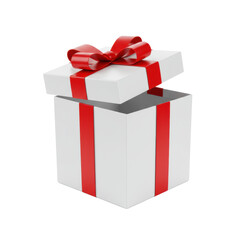 A white glossy gift box, partially open, with a red satin bow, centered on a transparent background with copy space, concept of thoughtful gifting and anticipation