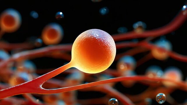 A close-up view of vibrant cellular structures, showcasing the intricate details of a single cell surrounded by a network of delicate filaments and tiny droplets, illuminated against a dark backdrop.