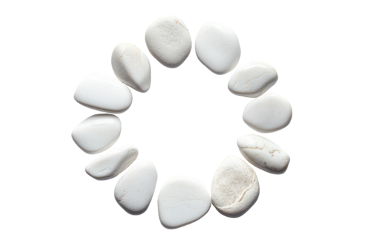 Circle of smooth white pebbles arranged on a black background isolated on transparent background. White stones arranged in a circular pattern isolated on white background. - Powered by Adobe
