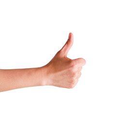 Human hand showing a positive thumbs up gesture on white background