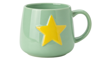 Light green ceramic mug with yellow star isolated PNG, cute coffee cup for tea or hot chocolate on transparent background