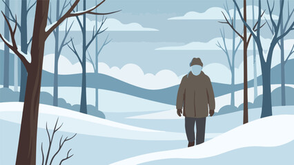 Person walking in a snowy winter forest with bare trees