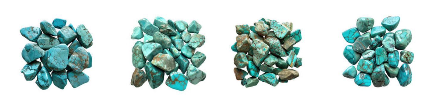 Three clusters of chrysocolla crystals isolated on transparent background