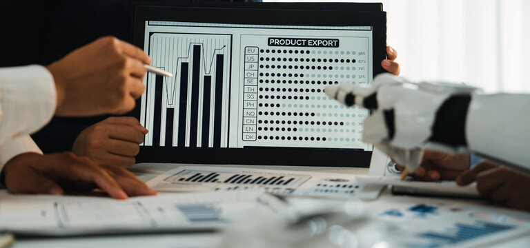 Business professionals collaborating on data analysis and product export strategies with technology assistance, showcasing graphs and charts on digital screen. Noogenesis - Powered by Adobe