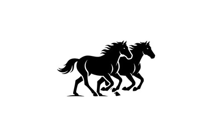 Two black horses running side by side in motion
