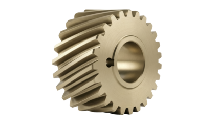Bronze helical gear isolated PNG, precision engineering component for mechanical power transmission on transparent background