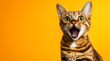 Surprised cat, yellow background, studio shot, pet advertisement