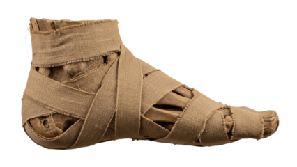 Mummified foot wrapped in linen isolated PNG, ancient Egyptian remains for historical and archaeological study on transparent background