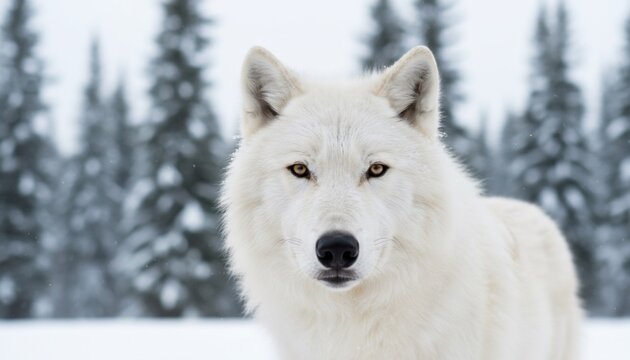 Close-up of a majestic white wolf with golden eyes, snowy forest background