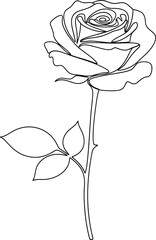 Elegant Line Art Illustration of a Single Rose with Stem and Leaves