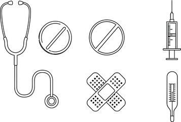 Clean white neat icons of neat stethoscope pill syringe bandage thermometer health set