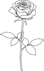 Minimalist Single Line Drawing of a Beautiful Blooming Rose with Stem and Leaves