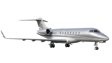 Silver private jet PNG isolated on transparent background, luxurious business airplane for executive travel and high-end transportation